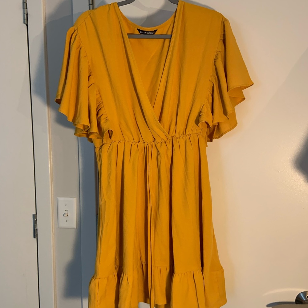 Flowy Cinched Mustard V Neck Dress